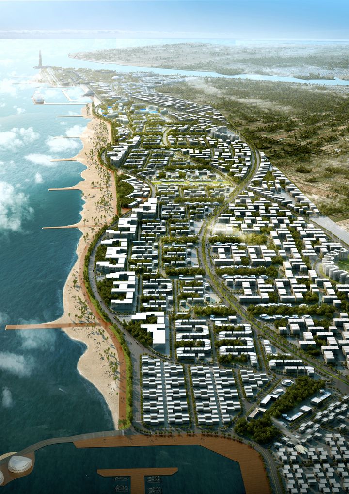 Visualisation of the New Rosetta City urban master plan with residential districts, green corridors, beaches and piers extending along the coastline.