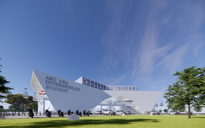 Visualization of an intermodal cable car station with parking areas and passenger access connecting to Manila’s planned MRT Line 4